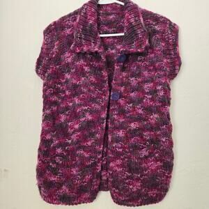 Vintage Hand Knit Collared 2-Button Vest in Pink Rose Gray Space-Dye Pattern
